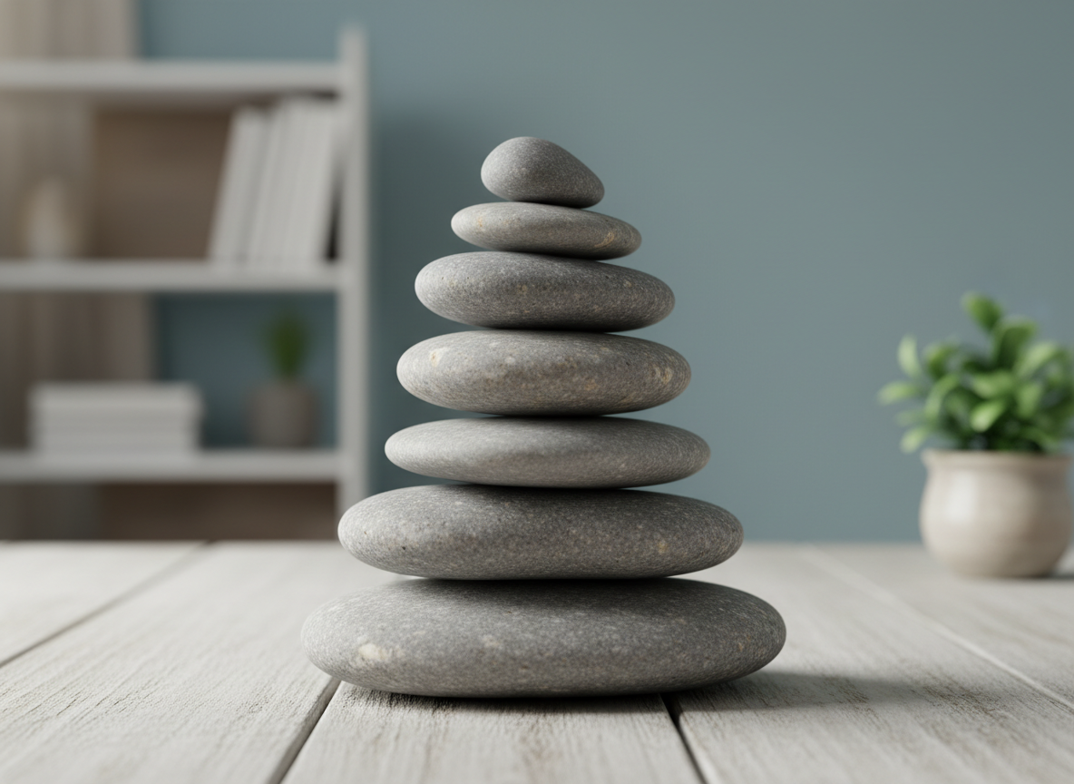 A symbolic representation of emotional balance featuring a carefully stacked arrangement of smooth river stones in varying sizes and soft gray tones, forming a stable tower in the foreground. The stones rest on a pale wooden surface, with a blurred background of a serene, modern interior that includes a subtle hint of a bookshelf and a small potted plant. Soft, diffused daylight from the left creates delicate highlights on the stones’ rounded edges and velvety shadows beneath them. Shot in close-up with a shallow depth of field for photographic realism, the composition is centered yet airy, evoking calm, resilience, and the gradual process of healing from stress, trauma, and anxiety.