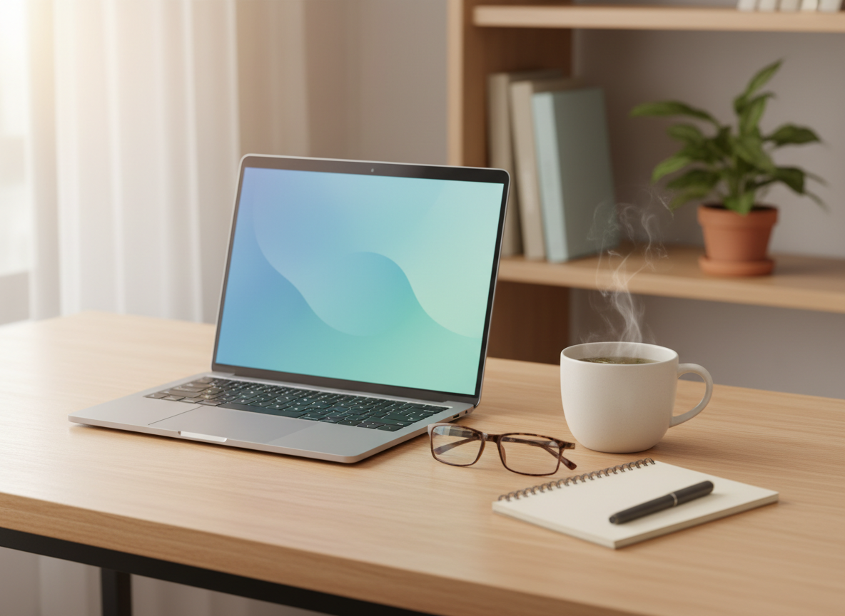 A serene digital consultation setup showing a slim, silver laptop open on a natural wood desk, its screen glowing softly with an abstract, calming gradient of blues and greens instead of any visible faces or text. Beside it, a pair of neatly folded reading glasses, a ceramic cup with herbal tea, and a small notepad with a closed pen rest in orderly alignment. In the background, a softly blurred bookshelf holds a few carefully placed neutral-colored books and a plant. Warm, indirect daylight from a side window creates an inviting, professional ambience. Captured from a three-quarter angle with photographic realism, the composition emphasizes accessible, stigma-free psychiatric care delivered in a calm, private environment.