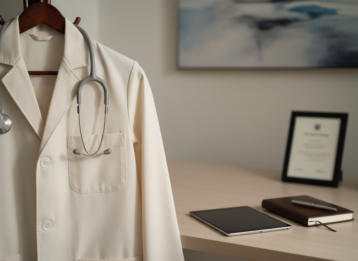A dignified provider portrait substitute showing a neatly pressed, light-colored lab coat hanging on a wooden coat rack beside a clean desk in a contemporary office. A stethoscope with soft rubber tubing and a polished metal chest piece is draped naturally over the coat’s collar, while a sleek tablet lies on the desk near a closed notebook. The background features a softly focused framed diploma and a subtle abstract artwork in cool neutrals. Gentle, balanced studio-style lighting creates crisp yet soft shadows, emphasizing textures without harshness. Shot at eye level in photographic realism, with the coat and stethoscope framed by the rule of thirds, the image suggests a compassionate psychiatric professional presence without depicting an actual person.