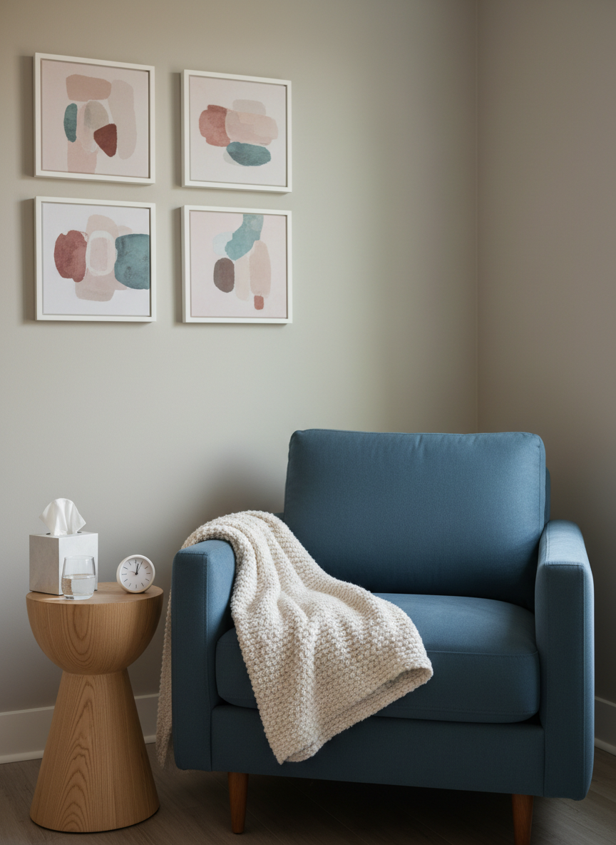A cozy, therapeutic corner of a modern office represented by an overstuffed slate-blue armchair with a woven throw blanket folded over one arm, facing a simple round wooden side table. On the table rests a box of soft tissues, a glass of water with tiny condensation droplets, and a small analog clock with minimalist design. In the background, abstract art in muted tones hangs on a light, warm-gray wall. Soft afternoon light enters from an unseen window, casting gentle, diffuse illumination that avoids harsh contrasts. Captured with photographic realism from a slightly elevated angle using the rule of thirds, the scene embodies safety, professional care, and quiet reflection without showing any people.