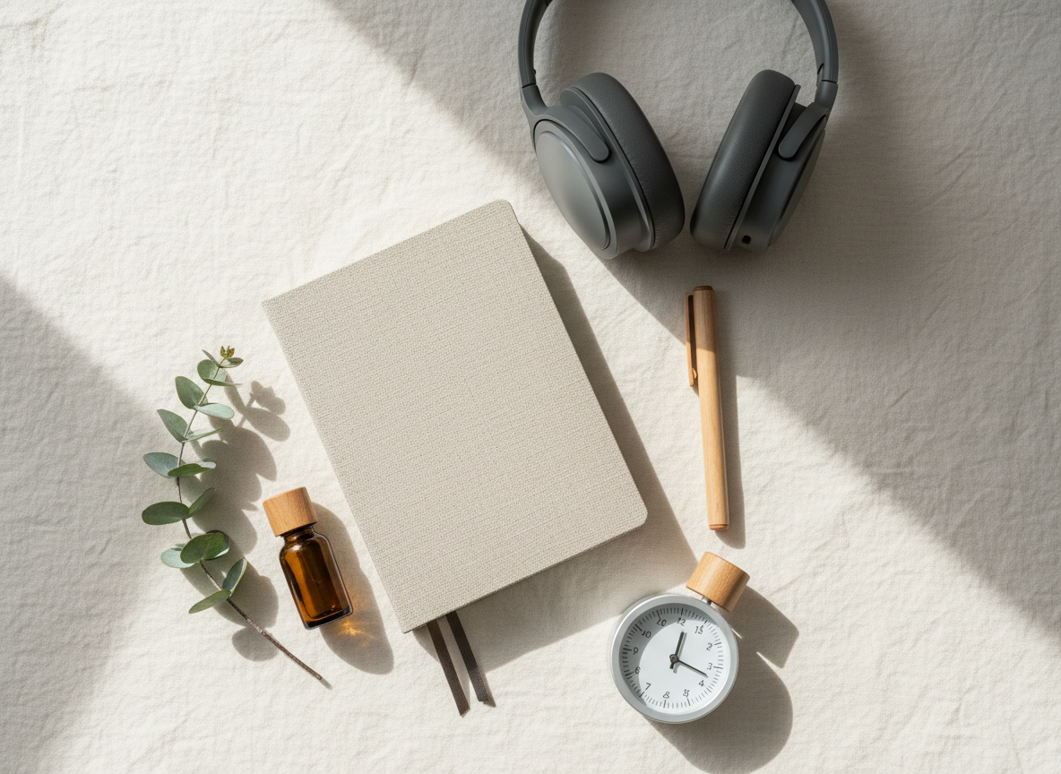 A flat-lay composition of mental health self-care tools arranged with meticulous order on a soft linen surface: a closed journal with a linen-textured cover, a smooth wooden pen, a pair of noise-cancelling headphones with matte finish, a small amber glass essential oil bottle, and a minimalist analog timer. Nearby, a sprig of eucalyptus adds subtle organic color. Gentle morning light from a nearby window glows across the scene, creating soft highlights and feathered shadows that lend depth without clutter. Photographed from directly above with sharp focus across the frame, the image has a clean, modern, photographic style that communicates structured support for coping with overwhelm, decision fatigue, and the confusion of a new diagnosis.