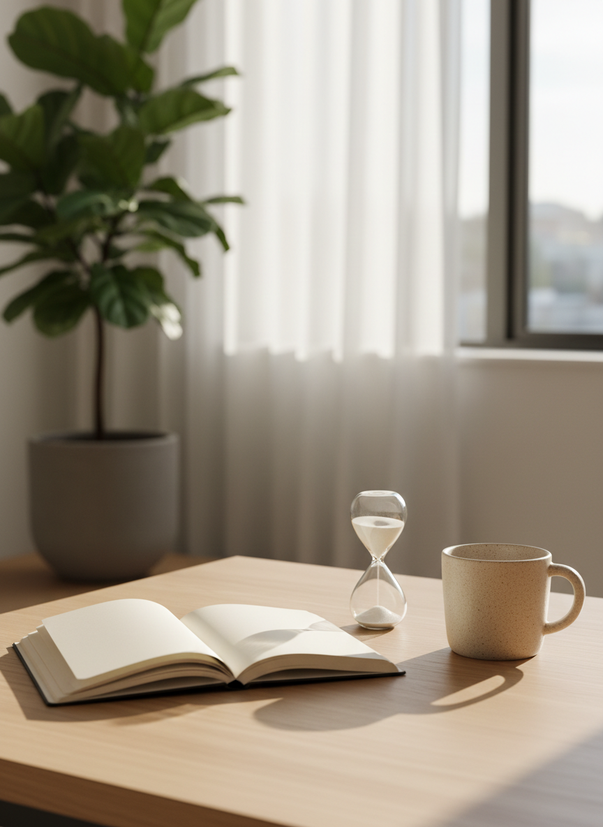 A neatly arranged mental wellness workspace.